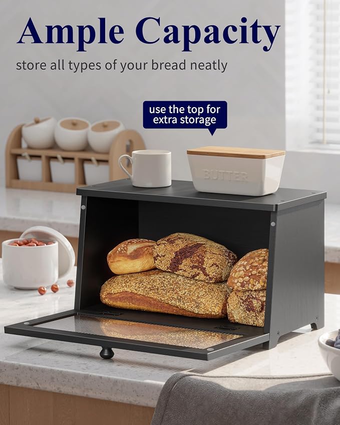 Kitsure Wooden Bread Box for Kitchen Countertop, 1-Tier, Black | Large Capacity Kitchen Countertop Organizer, Stylish Bread Storage with Window, Multi-functional Container - Image 3