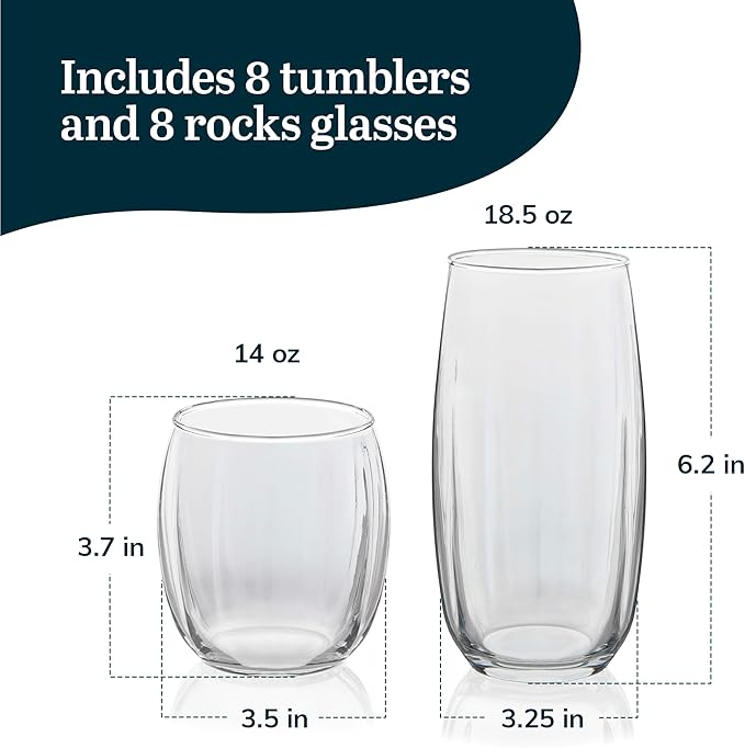 Libbey Samba Rocks and Tumbler Glass Cups Set of 16, All Purpose Everyday Drinking Glasses Set, Dishwasher Safe Modern Glassware Set for Events - Image 3