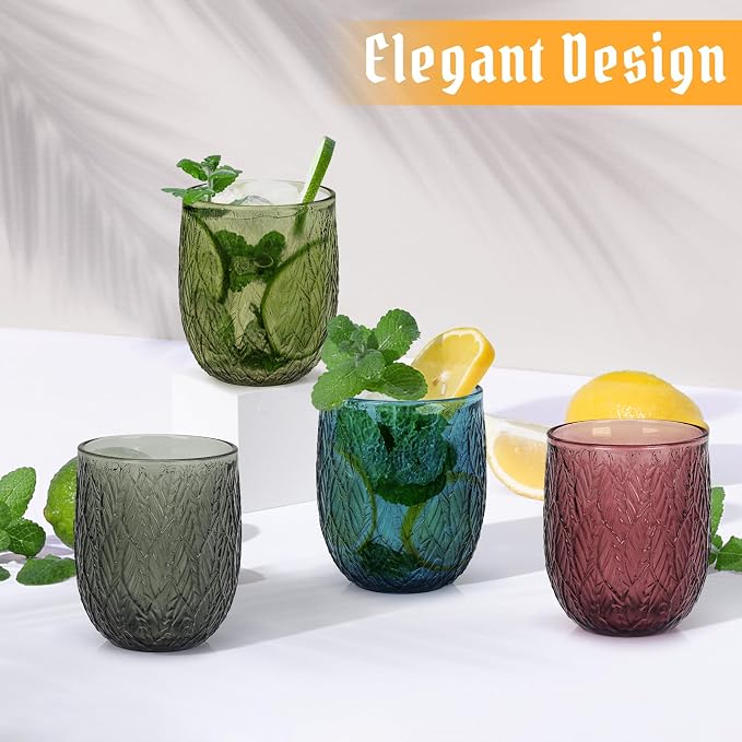 Topsky Vintage Drinking Glass Set of 4,12 oz Embossed Willow Leaf Drinkware Set,Colorful Drinking Glasses Cups Wine Glasses Colored Glassware for Whisky,Beer,Juice,Cocktail,Heavy Duty - Image 5