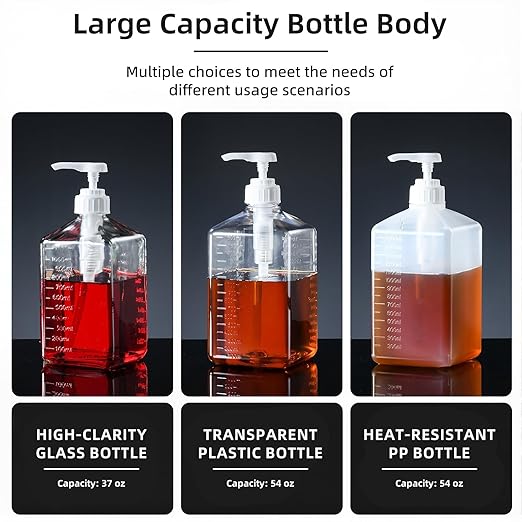 Large Capacity Syrup Dispenser for Coffee Bar, 54oz 1600ml PET Syrup Bottle w Measuring Cup and Funnel, Dispenser Bottle w Upgraded Pump