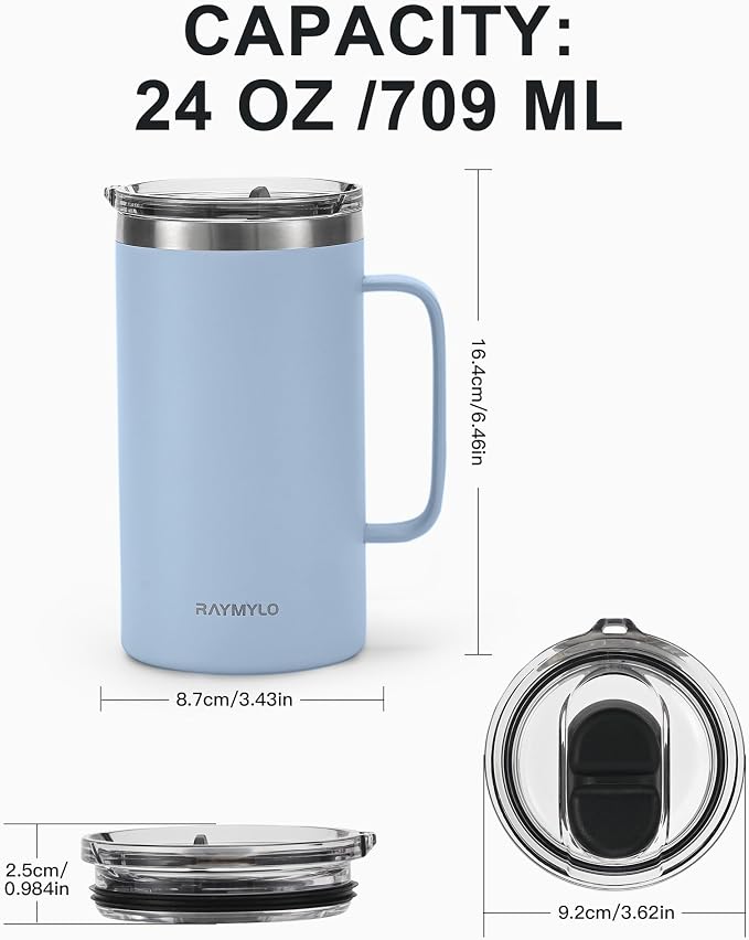 RAYMYLO Insulated Coffee Mug 24 oz, Spill-Proof & Detachable Slider Lid | Double Wall Stainless Steel with Thorough Clean Lid & Handle, Cold for 9 Hrs, Suitable for Camp Home Office - Image 6