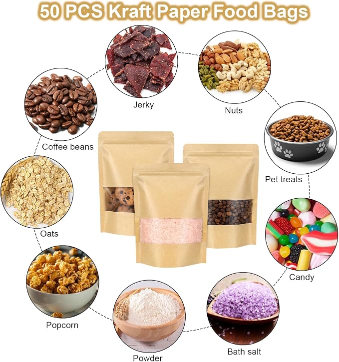 50 Pack Kraft Resealable Bags with Window for Storage (5.5 x 7.3 Inches) | Brown Zipper-Lock Heat Sealable Stand Up Pouch Bags with Matte Window and Tear Notch for Small Business Home Use - Image 5