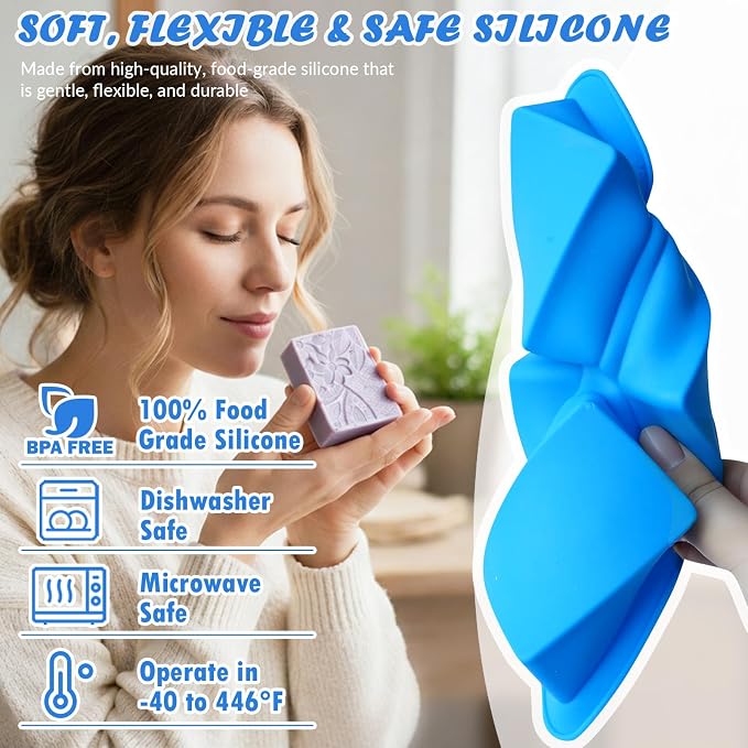 HKNMTT Silicone Square Rectangle Bar Molds 3D Leaf Flower Pattern, 8 Cavities for Soap Making Shower Steamer Homemade Bath Lotion Shampoo Bar DIY Set Non-stick Craft Food Grade 2 Pack - Image 5