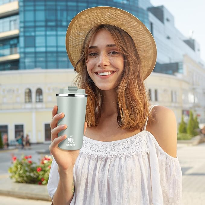 Insulated Travel Coffee Mug Reusable Coffee Tumbler Cup with Flip Lid Leak Proof Spill Proof for Office School Party Camping Hot and Cold Drink,Stainless Steel 17oz (Agave Green) - Image 8