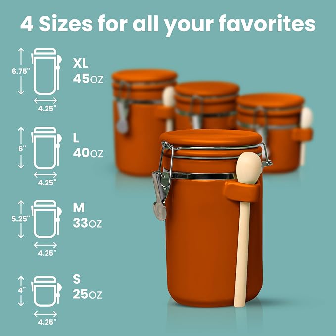 Home Intuition Ceramic Kitchen Canisters Set of 4 with Wooden Spoon Set – Airtight Containers, Metal Latches for Utmost Freshness – Sugar, Coffee, Flour, Tea & More | Rust - Image 6