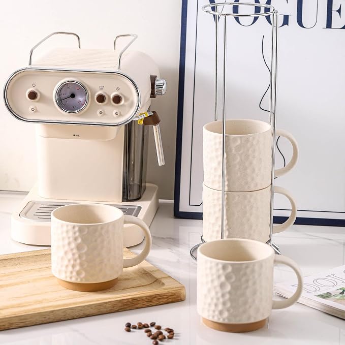 Nihow 16 OZ Ceramic Coffee Mug with Stackable Stand,Set of 4,White | Stackable, Stainless Stand Included, Cappuccino & Tea, Hot/Cold Drinks, Dishwasher & Microwave Safe - Image 7