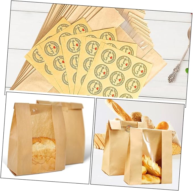 1set Paper Bread Bags Window and Thank You Stickers for Bakery Packaging Oilproof and Design for Homemade Breads and Baked Goods - Image 7