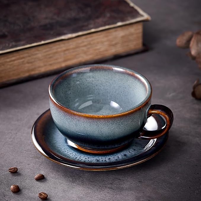 Coffeezone Vintage Design 12 oz Ceramic Latte Art Cappuccino Barista Cup with Saucer (Fog Grey) - Image 3