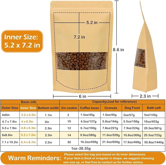 100 Pcs Kraft Paper Resealable Bags for Small Business (5.2 X 7.2 Inches) | Heat Sealable Zip Lock Stand Up Pouches with Clear Window for Food Storage, Samples, Party Favors - Image 2
