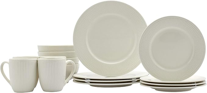 Tabletops Gallery Embossed Bone White Porcelain Round Dinnerware Collection- Chip Resistant Scratch Resistant, Fleur 16 Piece Dinnerware Set (Dinner Plate, Salad Plate, Cereal Bowl, Mug) - Image 6