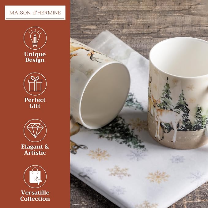 Maison d' Hermine Coffee Mug with Handles Tea Cups (12 Ounce, Pack of 2) | Fine Bone China Coffee Mugs for Hot Beverages Cappuccino Latte Home Restaurant Hotel Spring Summer -Deer In The Woods - Image 2
