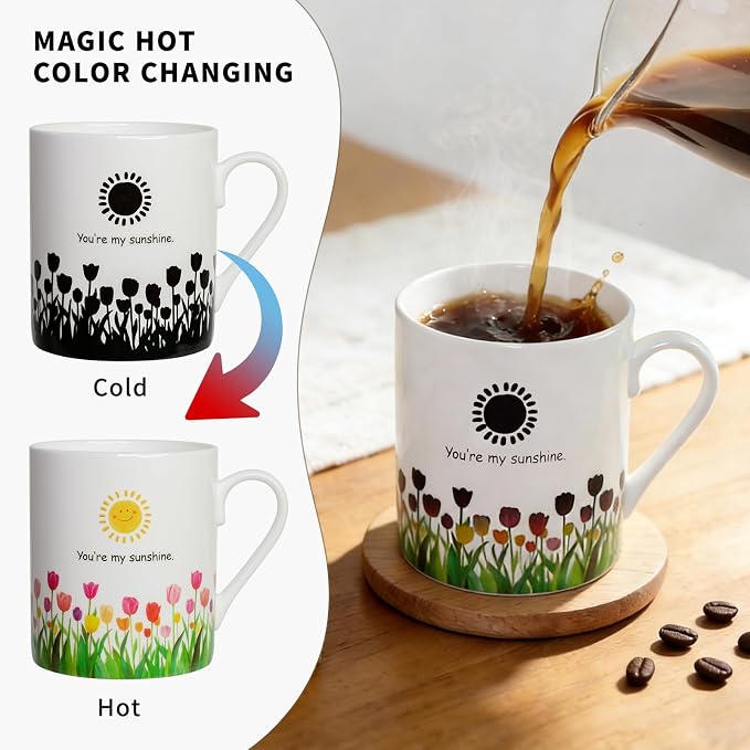 Lovfit Tulip Color Changing 12oz Ceramic Coffee Mug | Heat Sensitive You are My Sunshine Cup, Sunflower Birthday Gift for Women Friends Family, Home Office Use - Image 2
