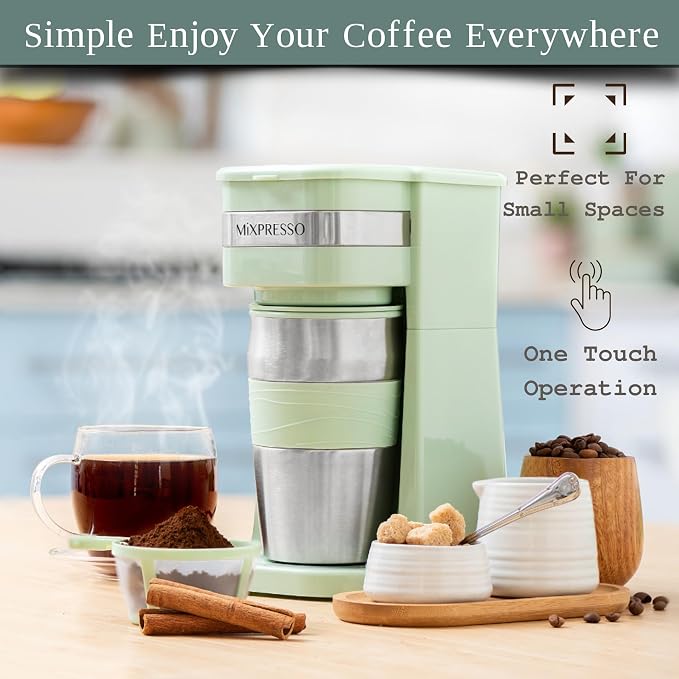 Mixpresso Single Serve & Single Cup Coffee Maker with 14oz Travel Mug Green | For ground coffee only, reusable filter, auto shut off. Compact personal drip coffee maker, not compatible with K-Cup pods. - Image 4