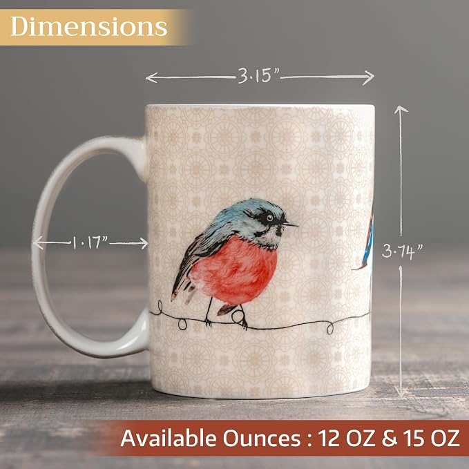 Maison d' Hermine Coffee Mug with Handles Tea Cups (12 Ounce, Pack of 2) | Fine Bone China Coffee Mugs for Hot Beverages Cappuccino Latte Home Restaurant Hotel Spring Summer -Birdies on Wire - Image 4