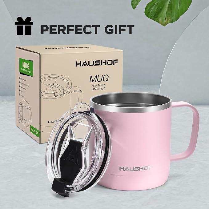 HAUSHOF 14 oz Coffee Mug, Insulated Coffee Mug with Handle, Travel Camping Cup, Portable Stainless Steel Coffee Cup, Insulated Coffee Cups with Lid, Pink - Image 7
