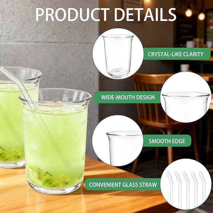 Cheardia 6 Pack Drinking Glasses, 16 OZ Clear Highball Glasses with Glass Straws, Crystal Versatile Glassware Set for Juice Coffee Cocktail Home Restaurant Party, Dishwasher Safe, Lead-Free - Image 3