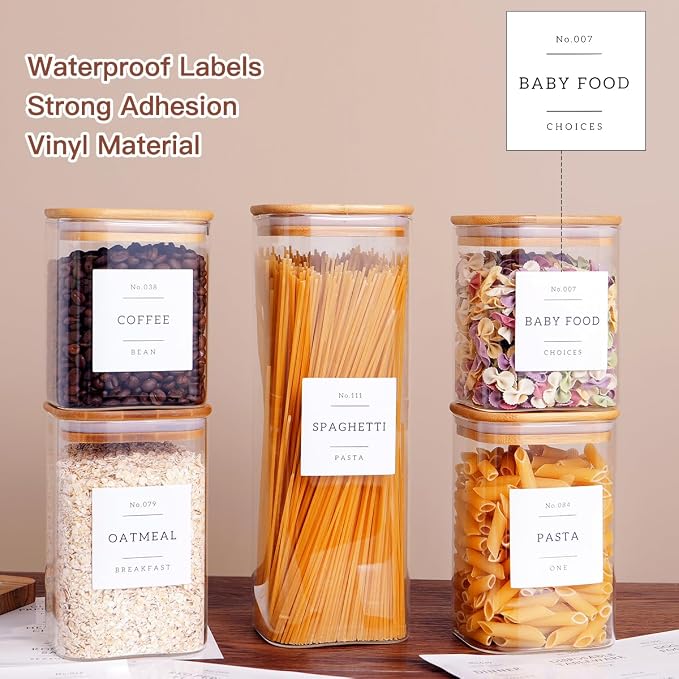 CZZGSM 5 Pack Square Glass Pantry Storage Containers with 132 Kitchen Food Pantry Labels - Clear Glass Jars with Airtight Wood Bamboo Lids - Glass Canisters for Cookies, Nuts, Cereal - Image 3