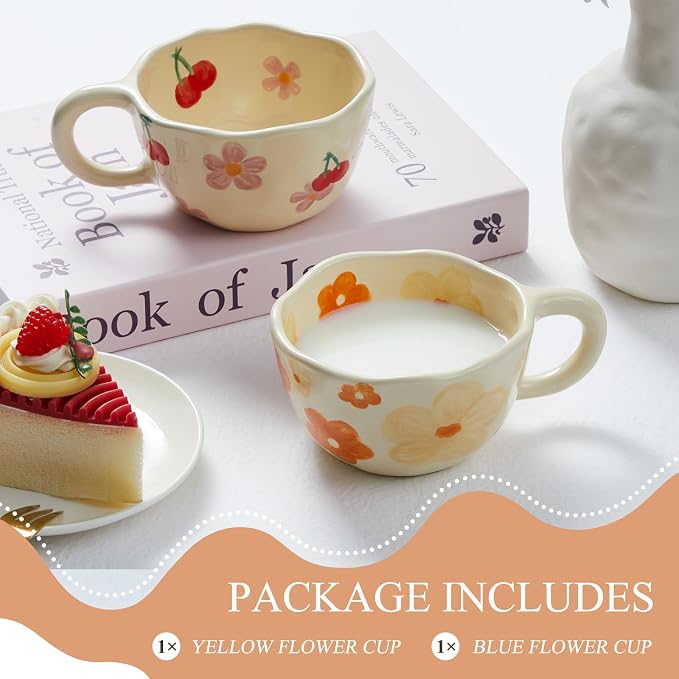 Vesici 2 Pcs Ceramic Coffee Mugs with Spoon, Vintage Floral Spring Mugs with Handle, 8.5 oz Aesthetic Flower Porcelain Tea Cup Set, Dishwasher & Microwave Safe Mothers Day Gifts for Mom(Fresh) - Image 3