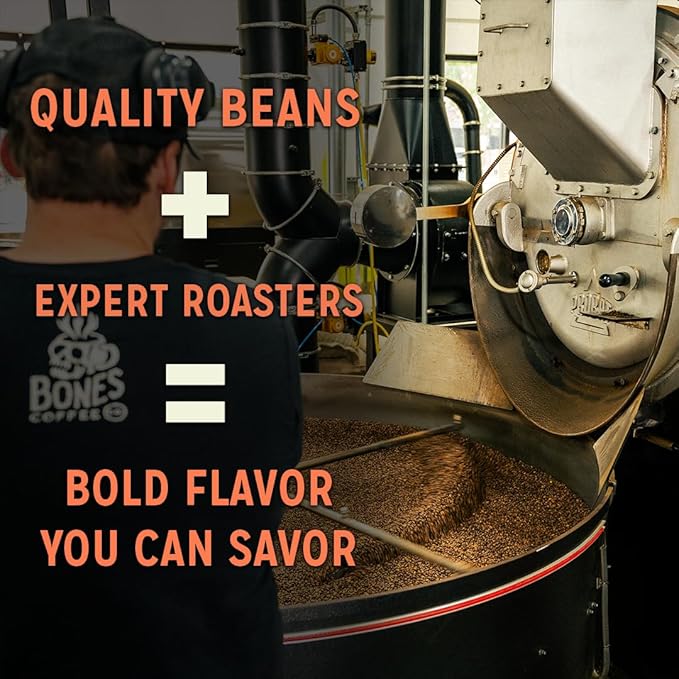 Bones Coffee Company Cinnamon Roll Flavored Coffee, Medium Roast Low Acid Arabica Beans Compatible with Auto drip and French Press Coffee Maker, 12 Oz Whole Bean