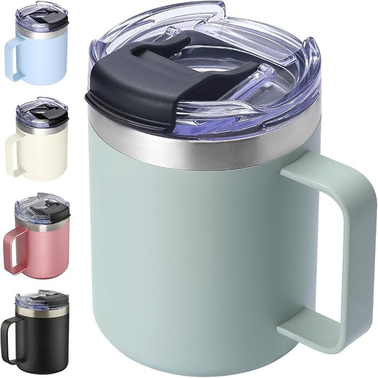 12oz Insulated Coffee Mug Cup with Handle, Stainless Steel Travel Coffee Mug with Flip Lid, Double Wall Vacuum Coffee Tumbler,Sage by ALOUFEA