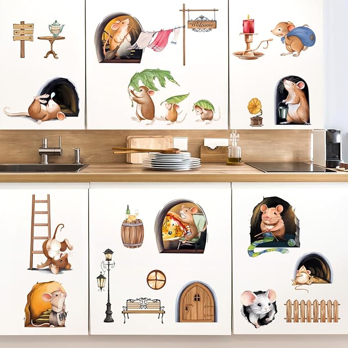 decalmile Mouse Hole Funny Animal Kitchen Dining Wall Decals Stickers - Image 2