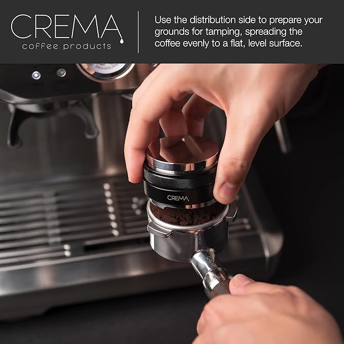 CREMA Coffee Products 54mm Hand Tamper & Coffee Distributor | Compatible with Breville Portafilters| Double-Sided, Adjustable Depth Tool | Made with Durable 304 Stainless Steel | Black