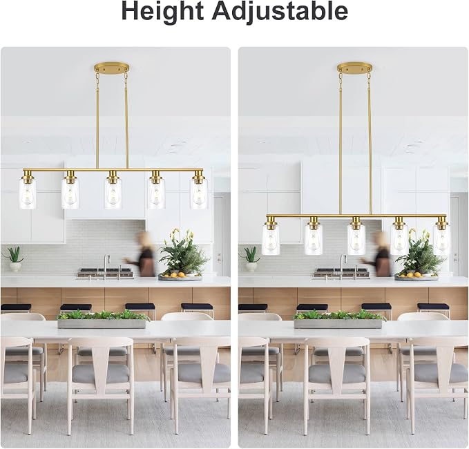 Kitchen Island Lighting, 5-Light Modern Dining Room Light Fixtures Over Table,Farmhouse Gold Linear Chandeliers for Dining Room, Industrial Pendant Lights Fixture with Clear Glass Shade - Image 6