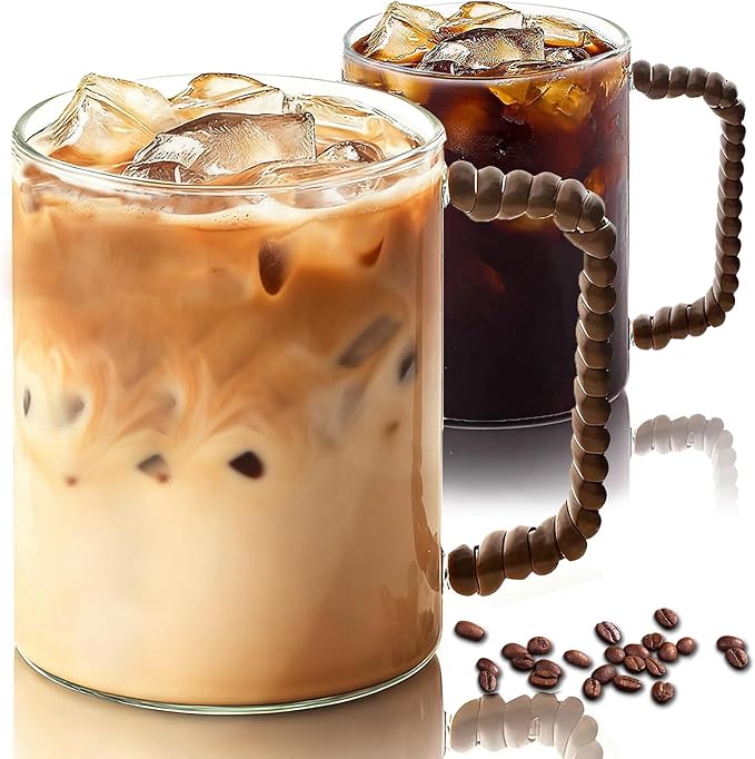 2-Piece Glass Coffee Mugs with Woven Handles, Withstand -20℃ to 150℃, 16oz Clear Large Glass Cups, Glass mug set for Latte, Cappuccino, Iced Coffee, Tea, Wine, Water, Beer