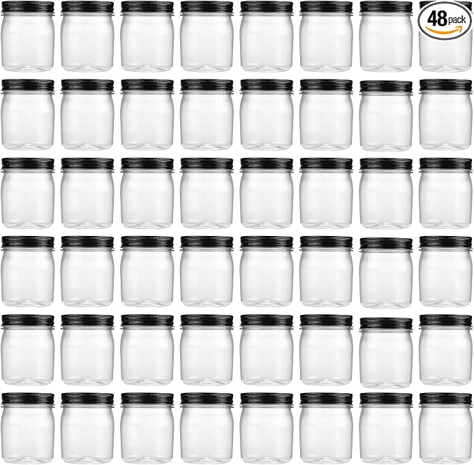 novelinks 8 oz Plastic Mason Jars and Clear Plastic Jars with Lids 8 oz | 48 Pack, Black, Plastic Containers with Lids, Small Mason Jars, Clear Jars Bulk, Spice Jars, Slime Jars, Mini Jars by novelinks