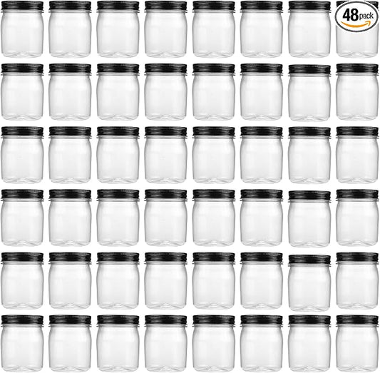 novelinks 8 oz Plastic Mason Jars and Clear Plastic Jars with Lids 8 oz | 48 Pack, Black, Plastic Containers with Lids, Small Mason Jars, Clear Jars Bulk, Spice Jars, Slime Jars, Mini Jars by novelinks