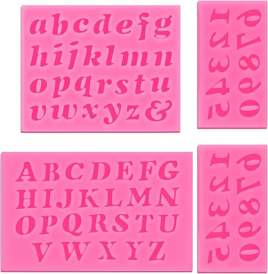 4 Pcs Silicone Fondant Mold, 26 Letters and 0-9 Numbers Chocolate Molds for Cake Decorating, Cupcake Topper, Desserts (Pink)