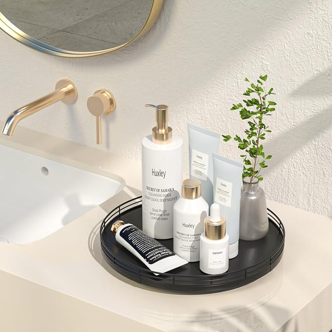 Oroyutor 12-Inch Oak Lazy Susan Vanity Tray, Black Finish | Rotating oak tray organizes spices, toiletries and decor on kitchen counters, bathroom vanities, dining and coffee tables. - Image 2