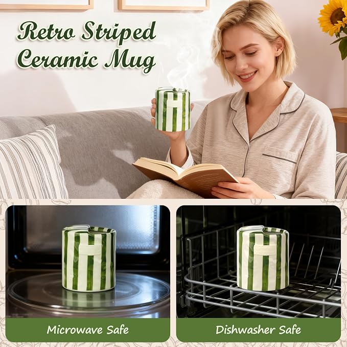 Retro Ceramic Coffee Mug with Sip Hole, Handmade Cute Espresso Cup 10oz | Hand Painted Striped Ceramic Iced Coffee Tea Travel Mug Latte Cup for Kitchen Dining Office, Holiday Gift for Her Him - Image 8