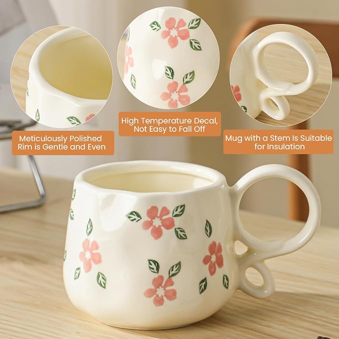 Ceramic Cute Coffee Mug For Women, Pretty Coffee Mug,Espresso Mug,9 Oz (270ml) Floral Mug (Flower) - Image 3