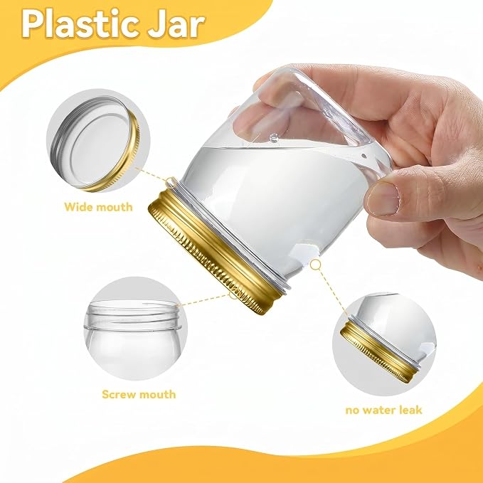 novelinks 8 oz Plastic Mason Jars and Clear Plastic Jars with Lids 8 oz | 16 Pack, Gold, Plastic Containers with Lids, Small Mason Jars, Clear Jars Bulk, Spice Jars, Slime Jars, Mini Jars - Image 3