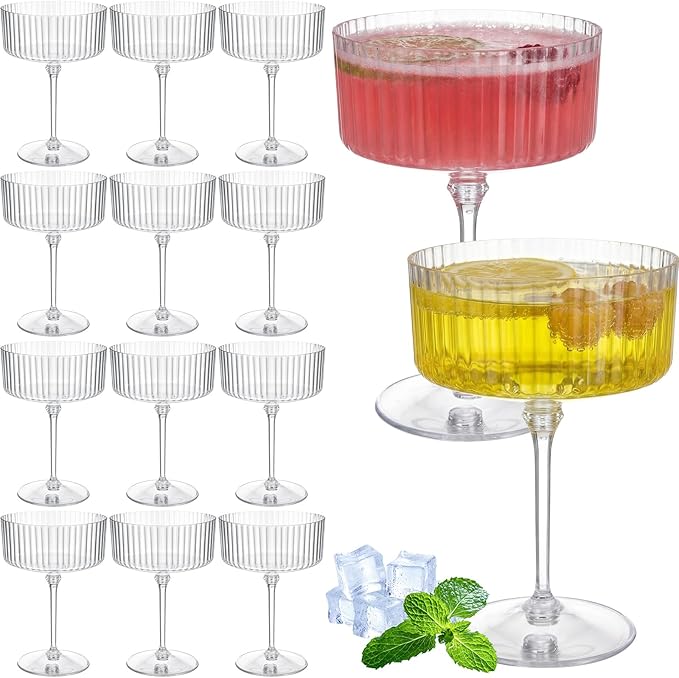 Jingmore 12 Pcs Ribbed Martini Glasses 10 oz Disposable Plastic Vintage Ribbed Coupe Glasses Unbreakable Dessert Parfait Glassware for Wedding Birthday Party Supplies (Clear) by Jingmore