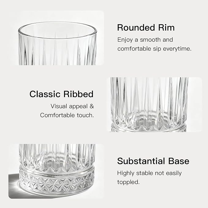 Ruckae Drinking Glasses Set of 8,15 oz and 7 oz Kitchen Water Glass Cups Set,Clear Ribbed Glassware Dishwasher Safe,Mixed Drinkware for Beer,Juice,Cocktail,Whiskey,Milk and Various Mixed Drinks - Image 5