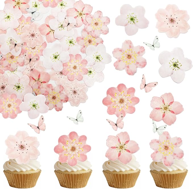 58 PCS Edible Cherry Blossoms Butterfly Cupcake Toppers Flowers Cake Decorations Wafer Paper Flowers Cupcake Topper for Baby Shower Kids Birthday Party Decorations Supplies Colorful by Weraru