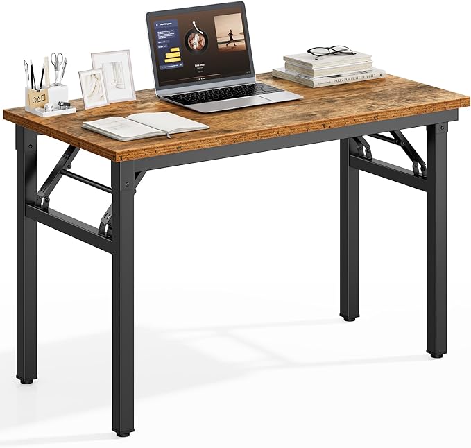 DlandHome 35.8 Inch Small Folding Computer Desk for Home Office, Retro | Foldable Writing Table for Small Spaces Bedroom, No Assembly Required, Wood Top Metal Frame, Collapsible Compact Easy Storage by DlandHome