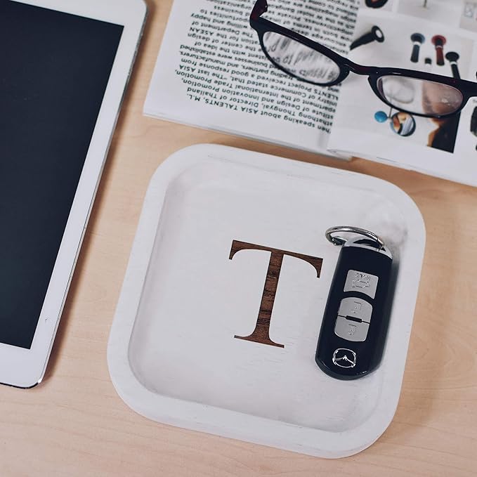 I'm Wooden Personalized Letter Catchall Valet Tray Trinket Dish Jewelry Tray Key Bowl Decorative Plate Organizing Ring Earrings Necklaces Bracelet Watch Coins Wallet Holder (6"x6" Sq White T)