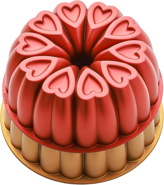 Heart Shape Aluminum Cake Pan, Titanium Coating, Non-Stick, 12 Cups, Gifts for Mom, 10 Inch Baking Mold, Cast Aluminum Fluted Tube Pan, Easy to Clean (2-Pack, Red-Gold) - Image 6