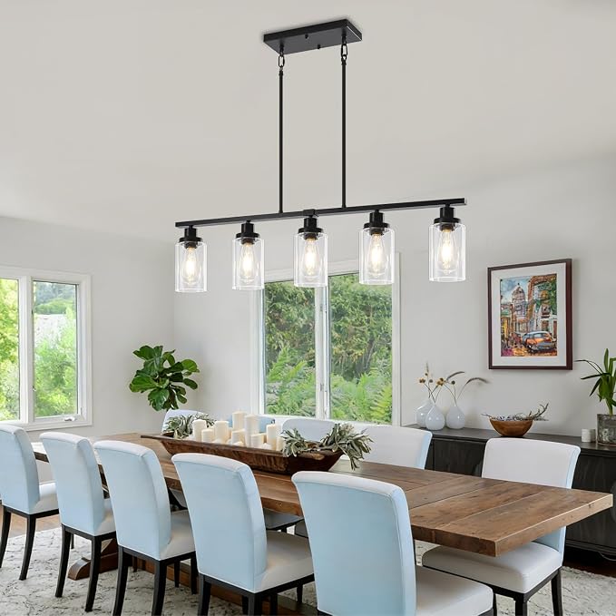 5-Light Black Kitchen Island Lighting, Modern Dining Room Light Fixtures | 37'' Farmhouse Linear Chandeliers Over Table, Island Lights for Kitchen with Clear Glass Shades, Adjustable Height - Image 2