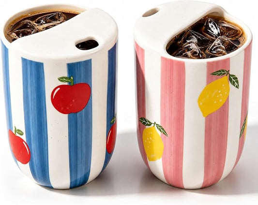 Hushee 2 Pack 16 oz Ceramic Coffee Mugs with Sip Hole, Retro Hand-painted Ceramic Travel Mug, Cute Pattern Pink Blue White Striped Design, Microwave & Dishwasher Safe, Ideal Gifts for Coffee Lovers by Hushee
