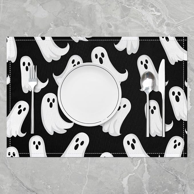 Feelyou Happy Halloween Placemats Set of 4 Cute Ghost Table Mats Black White Place Mat for Kitchen Dining Table Party Decor Indoor Outdoor 18"x12" Non-Slip Easy to Clean Witchcraft - Image 2
