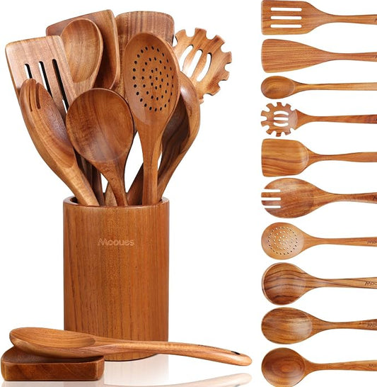 Mooues 12 Piece Wooden Spoons for Cooking, Wooden Utensils for Cooking with Utensils Holder, Natural Teak Wooden Kitchen Utensils Set with Wooden Spoon Rest, Comfort Grip by Mooues