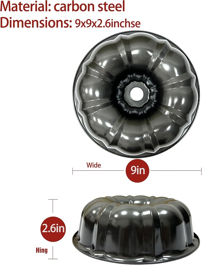 Kundalini Classic Bakeware 9.5 Inch Non-stick Fluted Cake Pan,Heavy Duty Carbon Steel Tube Baking Mold Gray - Image 2