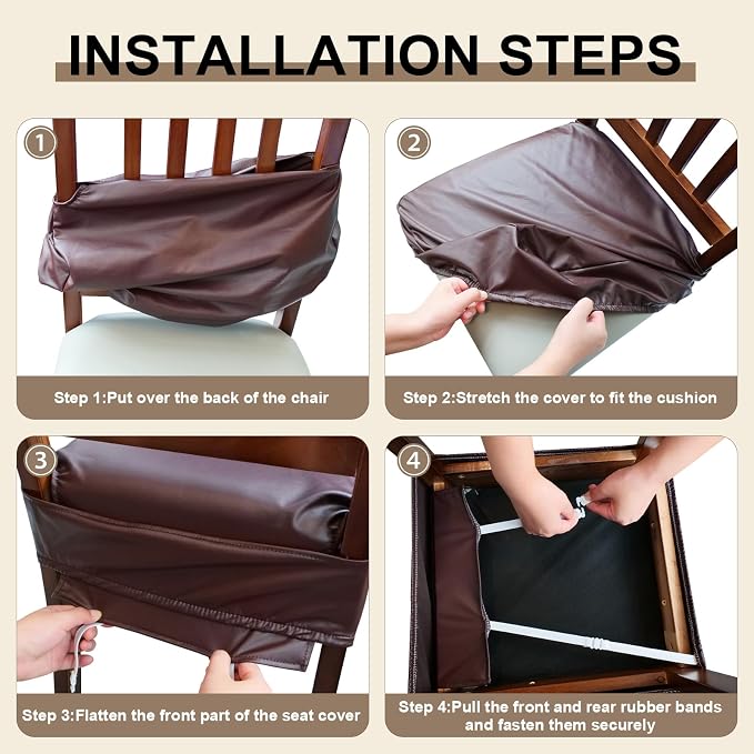 Waterproof Pu Leather Seat Covers for Dining Room Chairs Set of 6,Soft Chairs Seat Slipcovers,Dining Chair Cover Removable Washable Chair Protector Cover Stretch Kitchen Chair Covers - Image 6