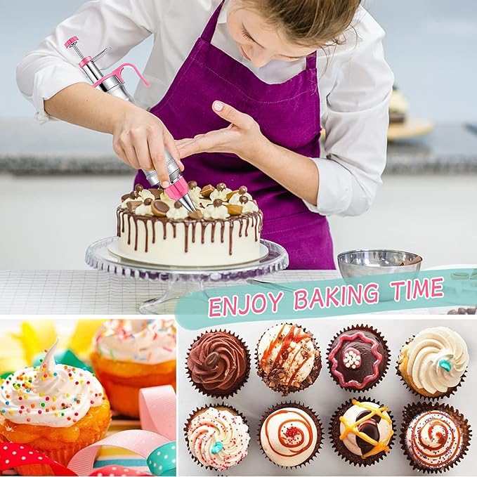 Dessert Decorating Syringe Set, Pink Icing Decoration Set Stainless Steel Cupcake Injector/Decorating Icing Set with 6 Nozzle, 3 Scrapers, 2 Brushes for Baking Biscuit Cake Decoration