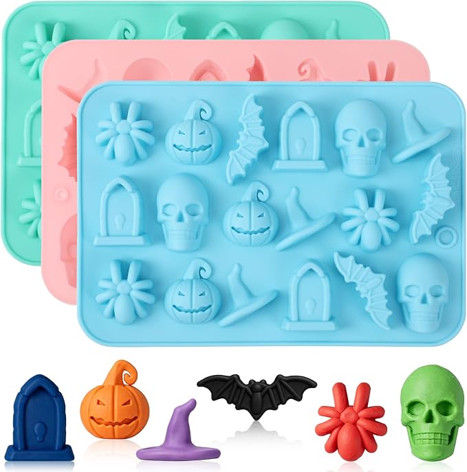 3Pcs Halloween Silicone Molds 18-Cavity Spider Skull Pumpkin Mold | Halloween Silicone Molds with 18 Cavities, Spider Skull Pumpkin Bat Designs for Chocolate, Candy, Gummy, Soap and Wax by BOARDFEB