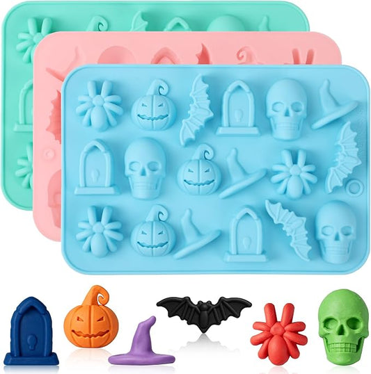 3Pcs Halloween Silicone Molds 18-Cavity Spider Skull Pumpkin Mold | Halloween Silicone Molds with 18 Cavities, Spider Skull Pumpkin Bat Designs for Chocolate, Candy, Gummy, Soap and Wax by BOARDFEB